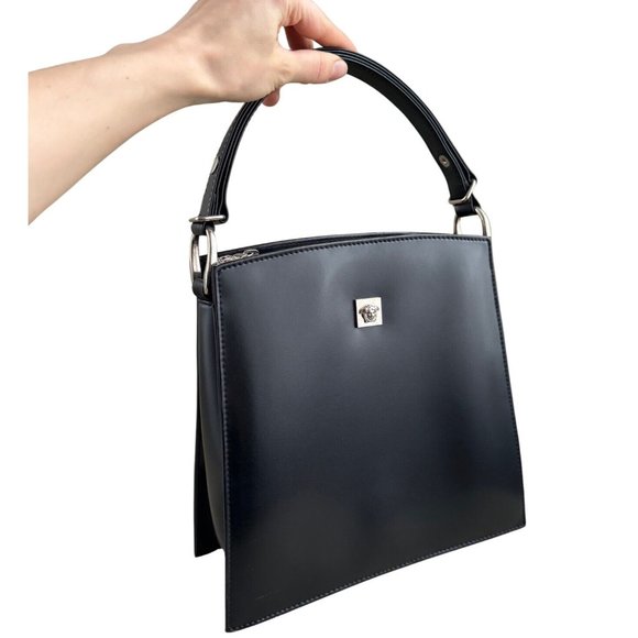 Gianni Versace Vintage Silver Medusa Tote Bag Black PU Leather - Picture 2 of 16